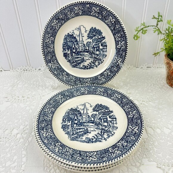 Vintage 4 Pieces Dessert Plate Round Blue Shakespeare Country 7.25 Inch - Picture 1 of 10